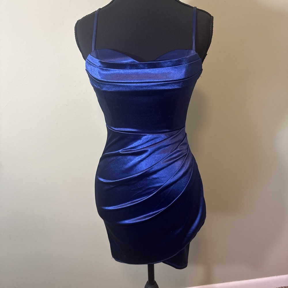 Windsor Blue Satin Bodycon Mini Dress Spaghetti Strap Ruched Formal Club Party S